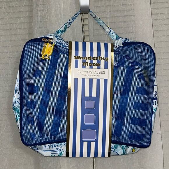 WM Blue Green Yellow Coastal Lemon Mesh Stripe 3 Piece Travel Packing Cube Set - Picture 1 of 11